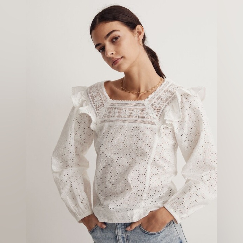 Madewell White Eyelet Square-Neck Top Blouse with Ruffles